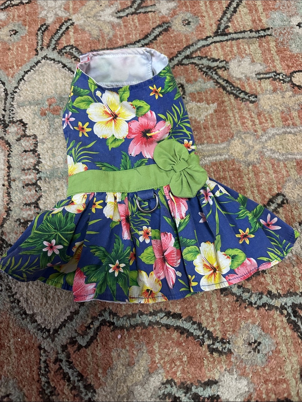 Floral Dog Dress with Green Bow Accent - Navy